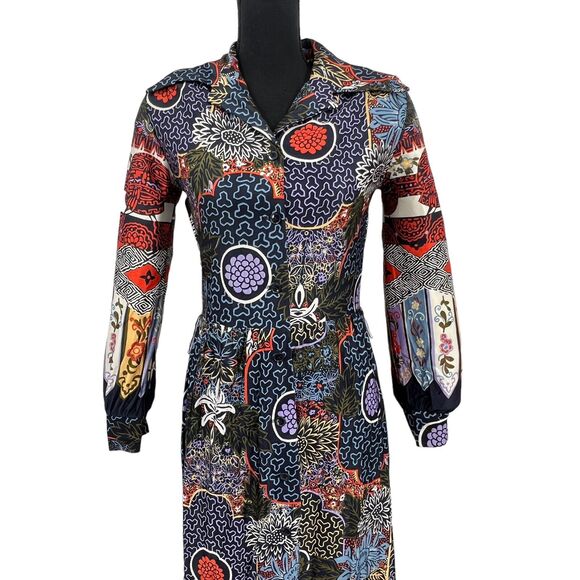 Vintage 70s Georgia Griffin Polyester Multi Print Maxi Hostess Dress Sm/ Med - Picture 3 of 7